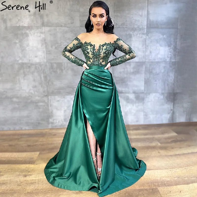 Green Satin Detachable Skirt Long Sleeves Sexy Evening Dresses 2024 Mermaid Formal Dress Design Serene Hill LA70343 Green Satin Detachable Skirt Long Sleeves Sexy Evening Dresses 2024 Mermaid Formal Dress Design Serene Hill LA70343