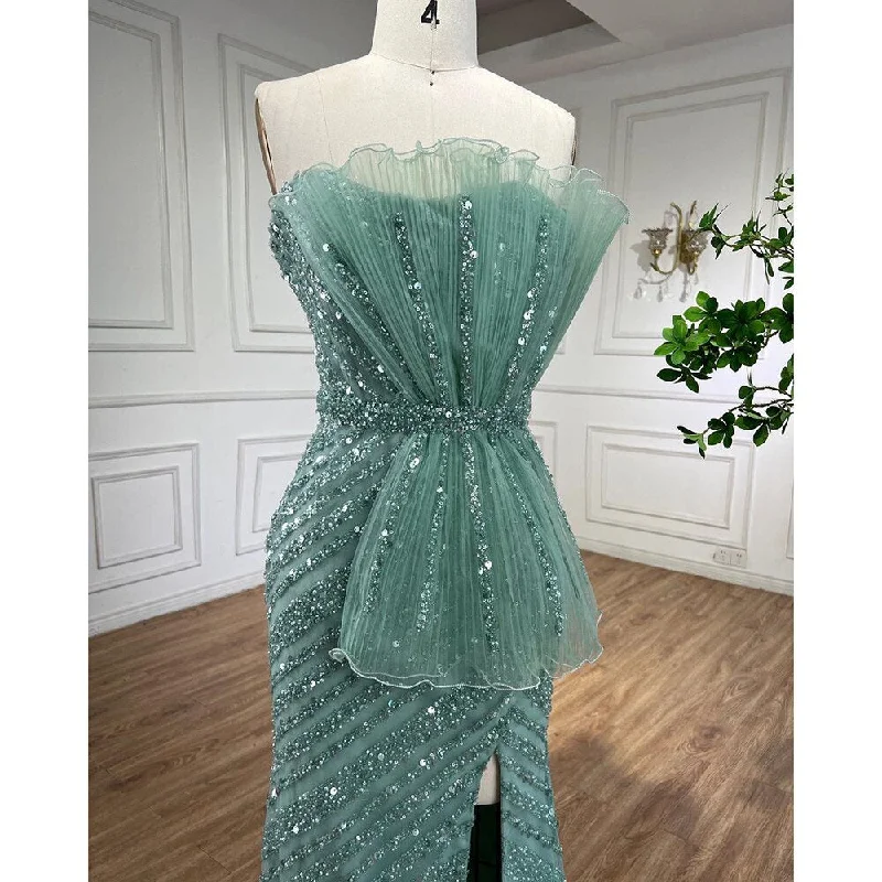 Stunning Serene Hill Turquoise Mermaid Evening Dresses with High Split And Beaded Design Arabic For Women Wedding Party LA72097