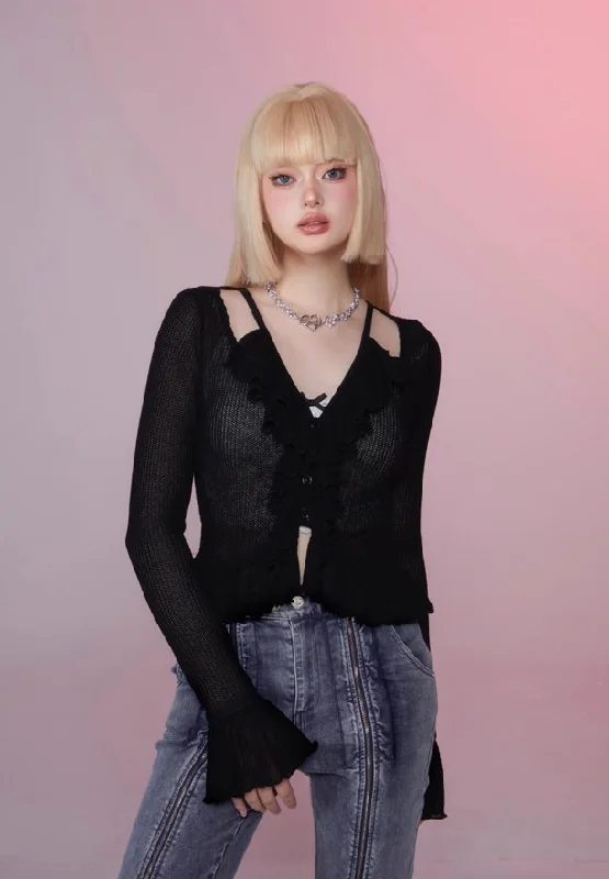 Flared Sleeve Ruffle Slim Cardigan GIF0004 Layered Multi-layer Single Layer