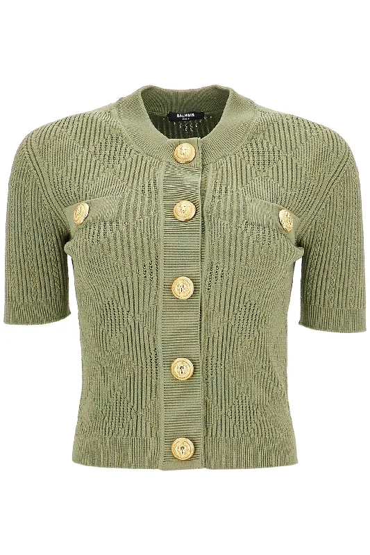 Short-sleeved Cardigan With Emb  - Green Seamless Knitted Crochet