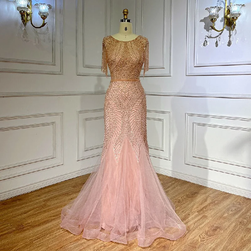 Serene Hill Arabic Peach Mermaid Elegant Tassel Beaded Luxury Evening Dresses Gowns 2024 For Women Wedding Party LA71843