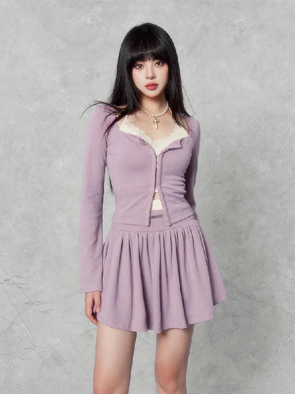 Contrast Long Sleeve Cardigan/Knitted Skirt VOC0167 Transparent Opaque Sheer