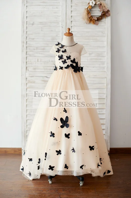 Champagne Tulle Cap Sleeves Wedding Flower Girl Dress, Black Butterflies