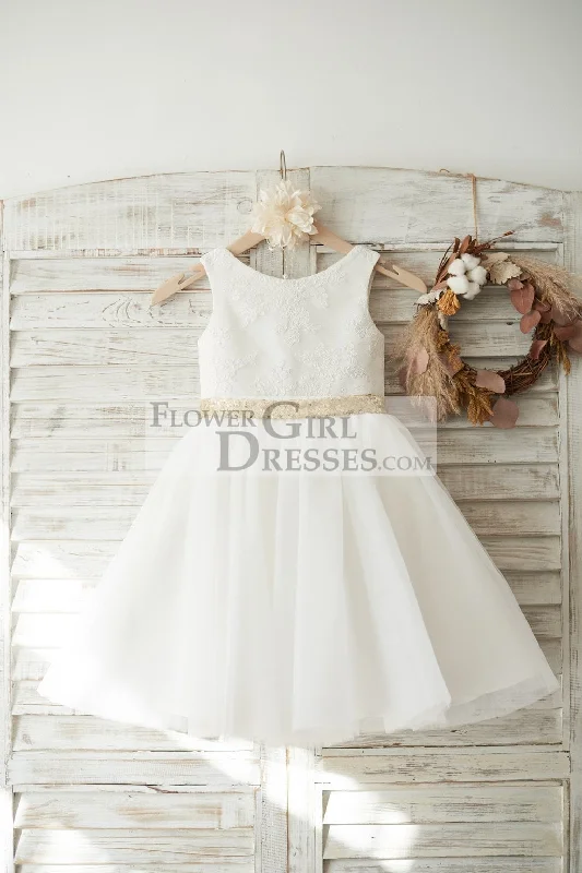 Ivory Lace Tulle V Back Wedding Flower Girl Dress, Sequin Bow