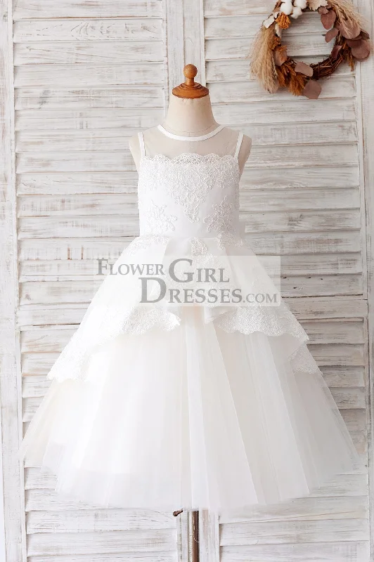 Princess Ivory Lace Tulle Sheer Back Wedding Party Flower Girl Dress