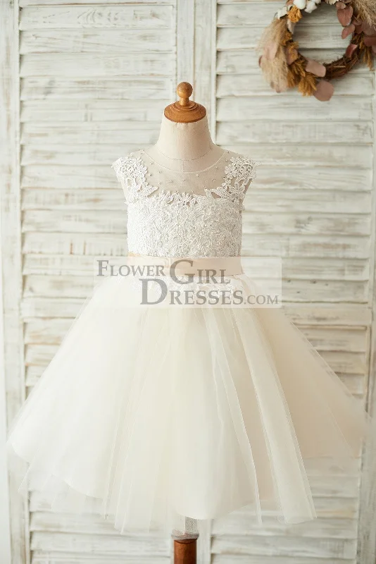 Ivory Lace Champagne Tulle Keyhole Back Wedding Party Flower Girl Dress