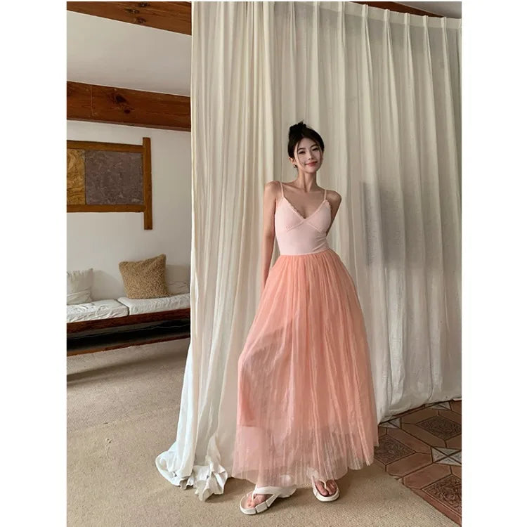 Advbridge French Style Patchwork Dresses Mesh Suspender Dress Winter Women Super Fairy Slim Pink Versatile Mid Length Vestido Advbridge French Style Patchwork Dresses Mesh Suspender Dress Winter Women Super Fairy Slim Pink Versatile Mid Length Vestido