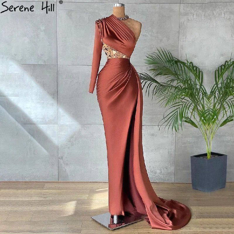 Coffee Mermaid High Split Satin Evening Dresses Gowns 2024 Elegant One Shoulder For Women Party LA71285 Serene Hill
