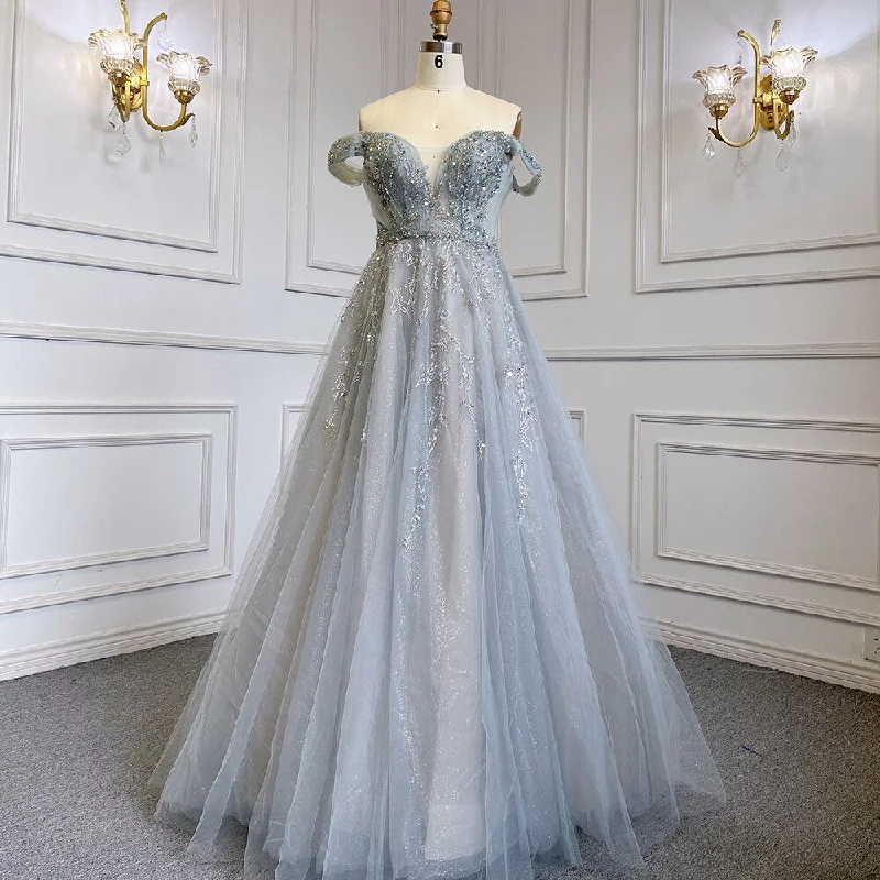 Serene Hill Grey Blue A-Line Sexy Strappy Skirt Cap Sleeve Luxury Beaded Evening Dresses Gowns 2024 For Women Party LA71740 Serene Hill Grey Blue A-Line Sexy Strappy Skirt Cap Sleeve Luxury Beaded Evening Dresses Gowns 2024 For Women Party LA71740