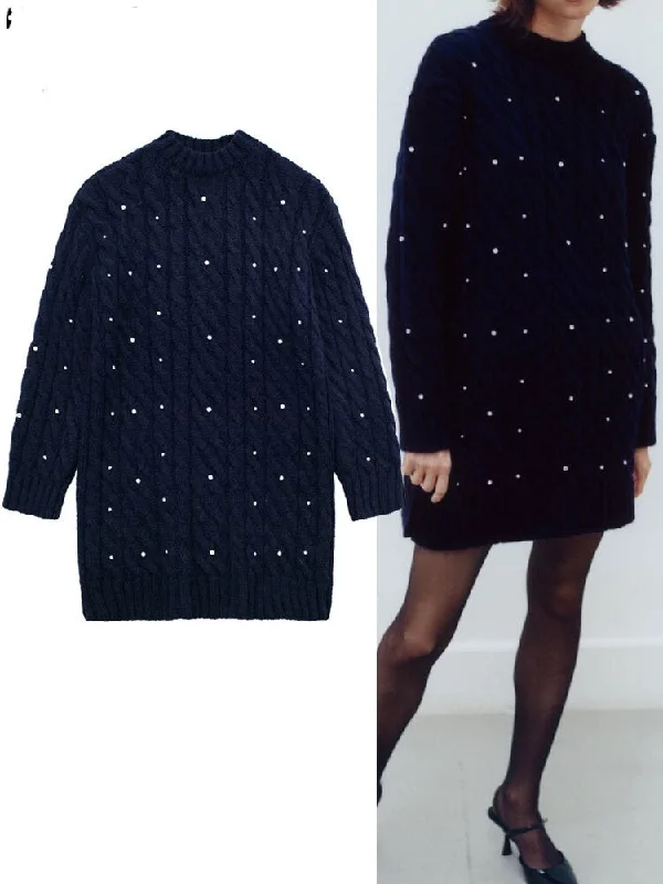 Knitted Long Sweater Women Navy Warm Woman Winter Sweater Rhinestone Striped Floral Plaid