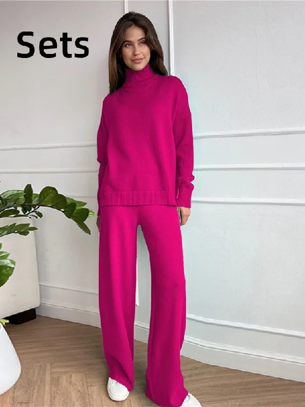 Autumn Women Turtleneck Knitted Sweater Set Toggled Drawstring Belted