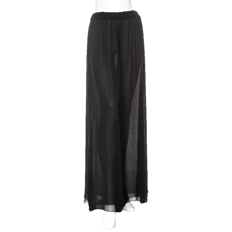 2016 Black Silk Chiffon Semi Sheer Wide Leg Palazzo Pants Cotton Crop,