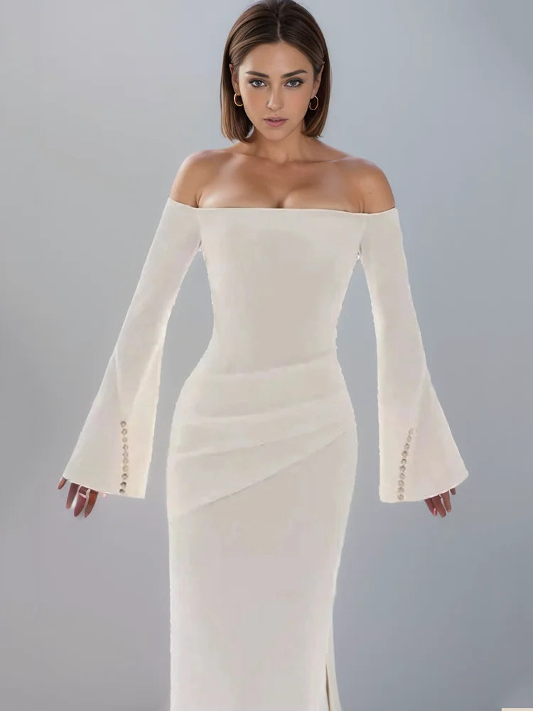 Advbridge Fashion Women's Dress Slash Neck Flare Sleeves Folds Button Decorate Slim Ankle-length Dresses Summer 2024 New Tide 13DL10