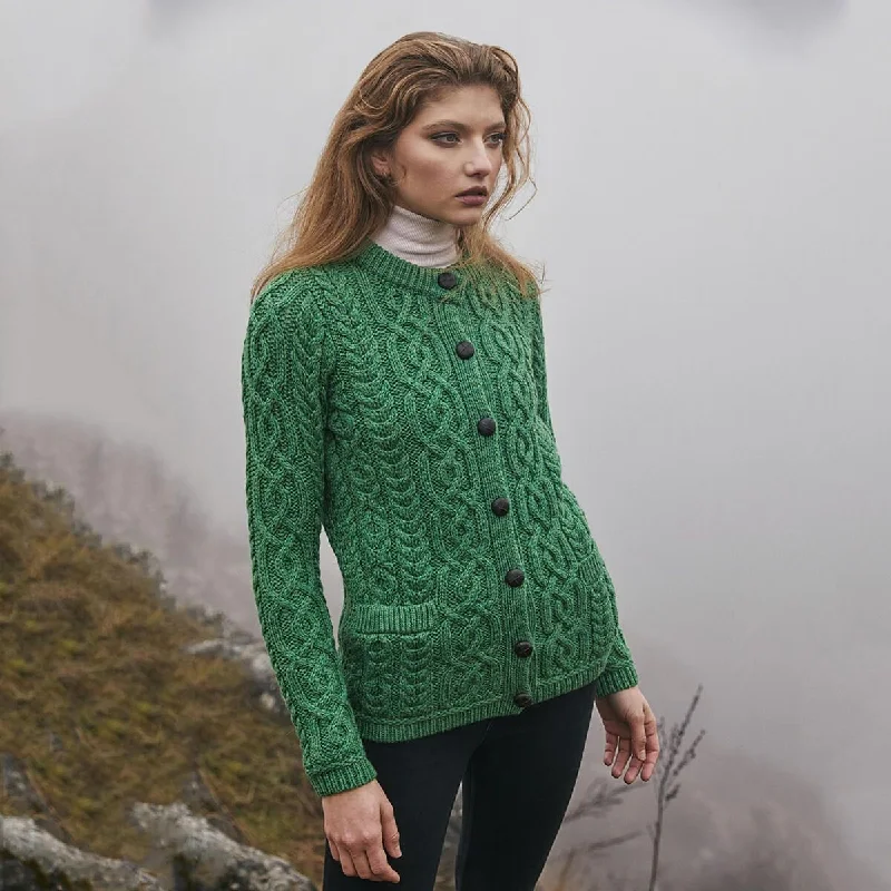 Ladies Traditional Aran Wool Cardigan Solid Print Embellished