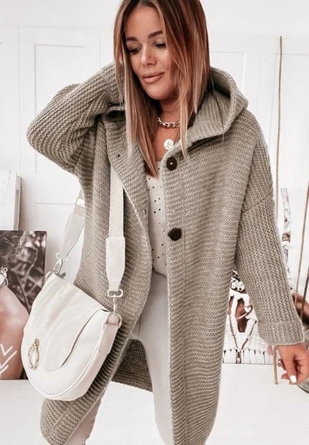 Autumn Winter Women Cardigan Jacket 2022 Fashion Casual Lady Solid Color Loose Long Sleeve Hooded Oversized Sweater Coat Denim Fabric Leather Fabric Suede Fabric
