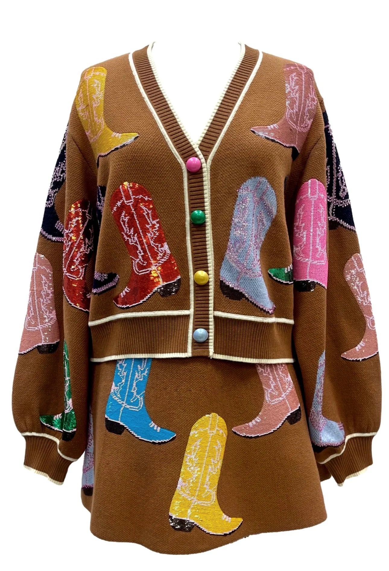 Brown Multi Cowboy Boot Cardigan | Queen of Sparkles Embroidered Appliqued Beaded