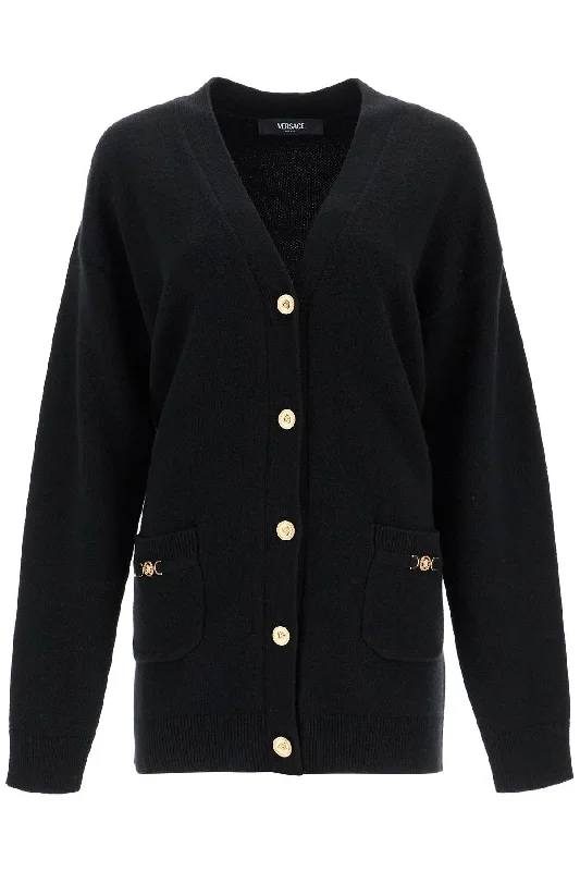 Boxy Wool And Cashmere Cardigan  - Black Denim Fabric Leather Fabric Suede Fabric