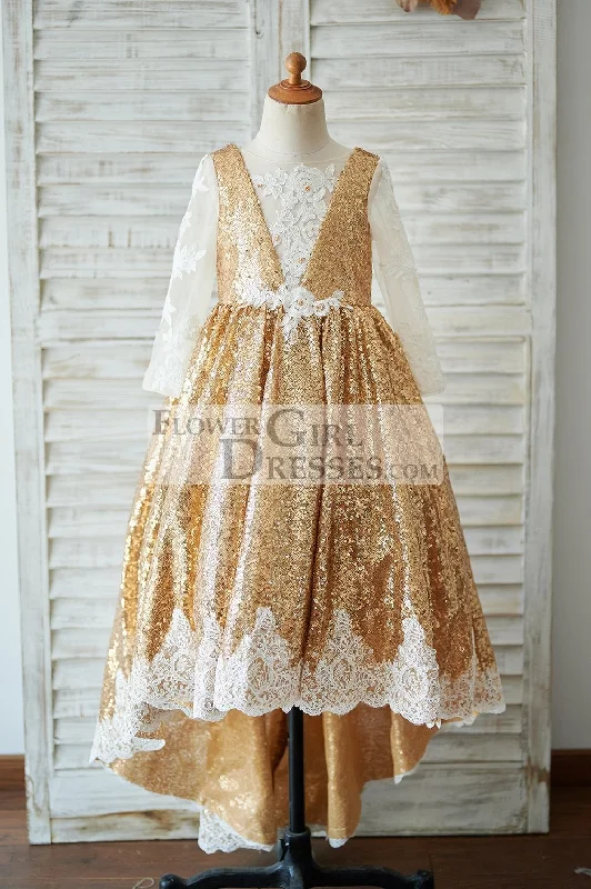 Hi Low Gold Sequin Ivory Lace Tulle V Neck Wedding Flower Girl Dress