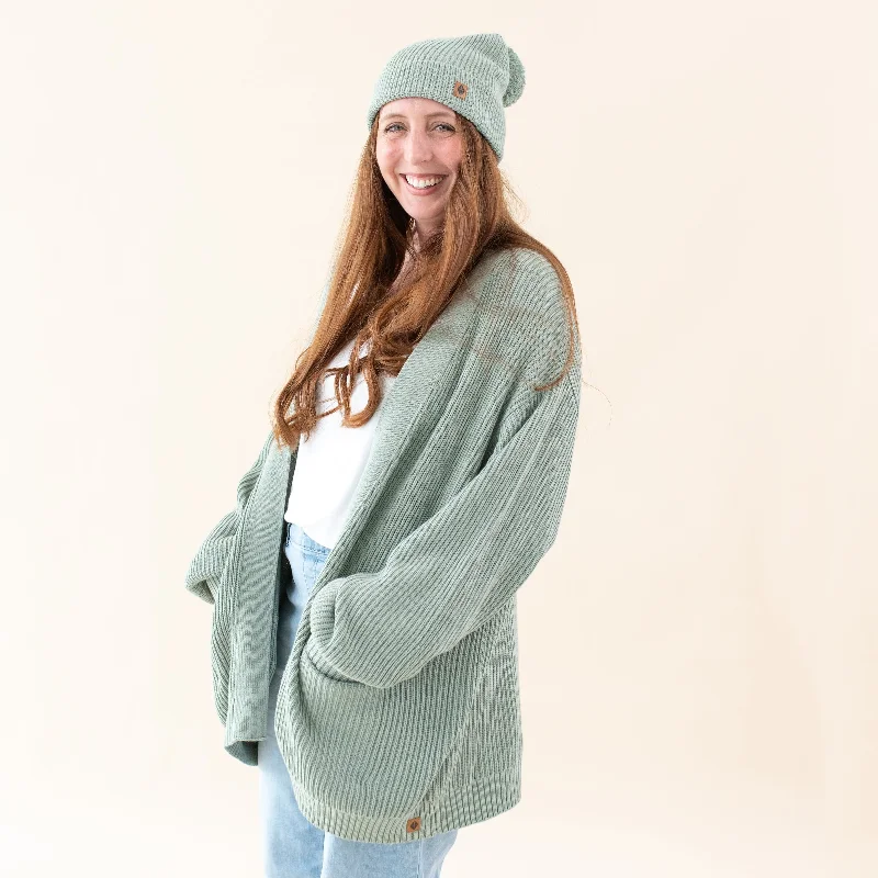 Chunky Knit Women's Oversized Cardigan in Thyme Silk Blend Satin Velvet