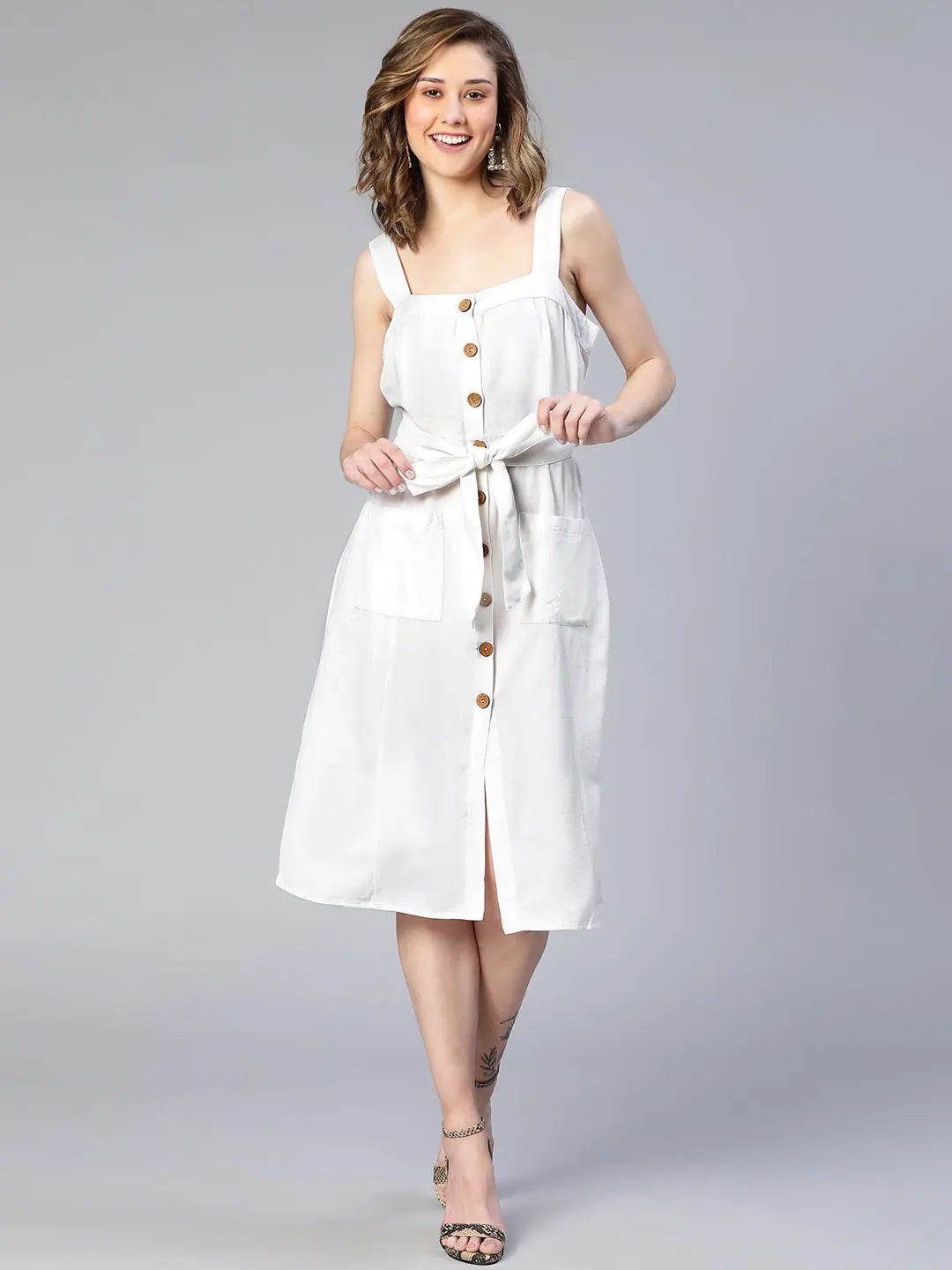 Women solid white button -down linen cotton dress