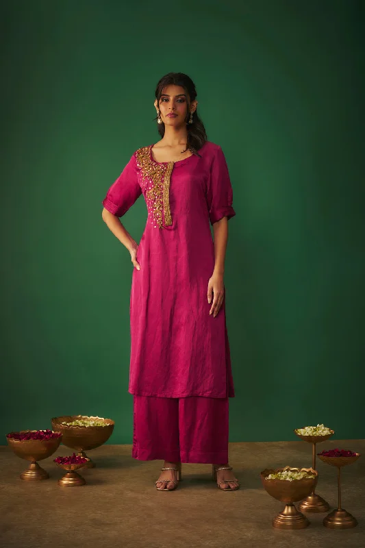 Magenta Pink Embroidered Kurta And Pants Set Trousers Skinny,