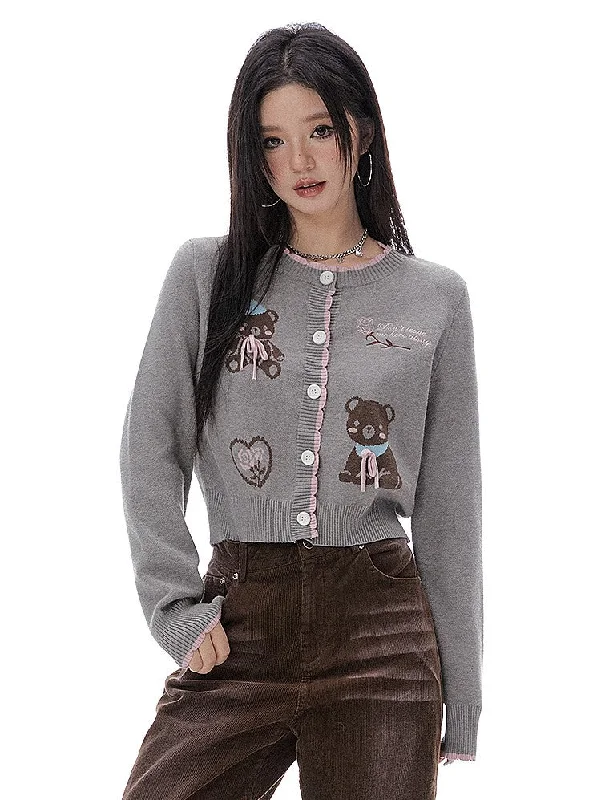 Bear Jacquard Pink Lace Knitted Cardigan IMO0058 Seamless Knitted Crochet