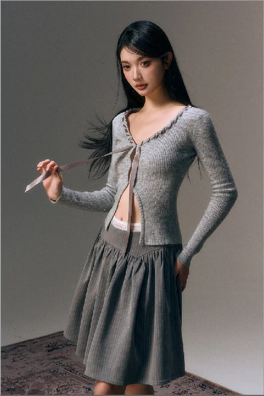 Waist Open V-Neck Ribbon Wool Mix Cardigan AGM0053 Machine Wash Dry Clean Hand Wash
