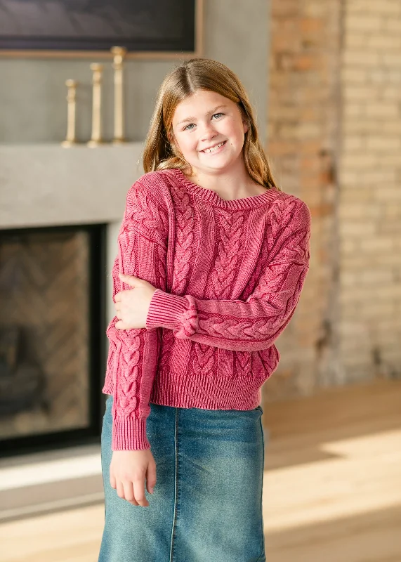 Girl's Cable Knit Washed Crewneck Sweater Fleece Sweater Nylon Polyester