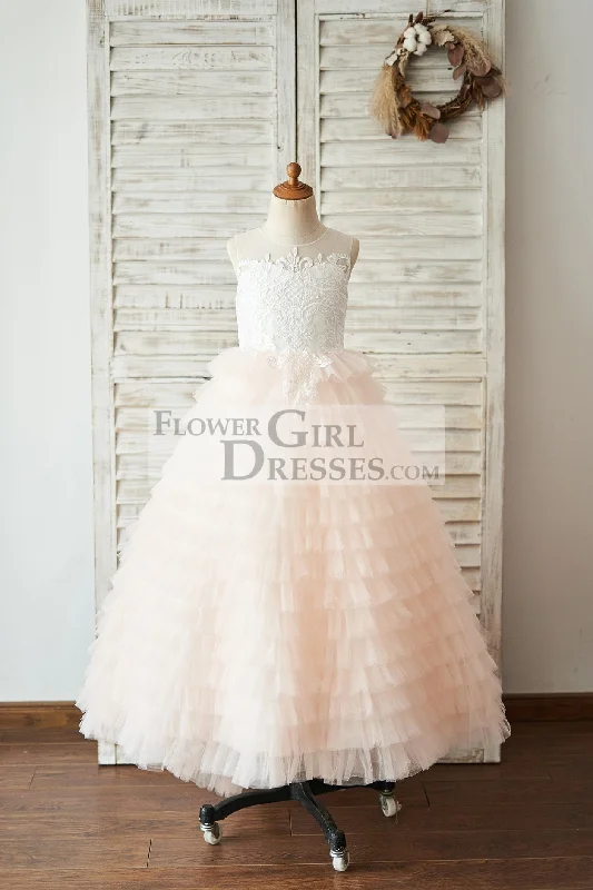 Ivory Lace Peach Cupcake Tulle Keyhole Back Wedding Flower Girl Dress