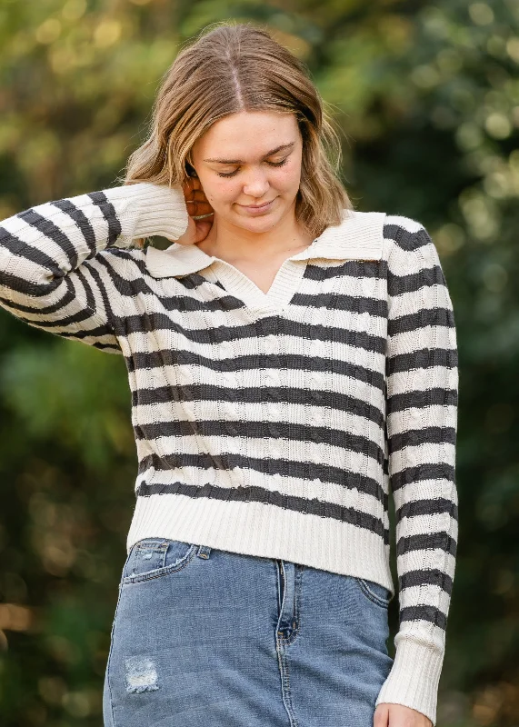 Ryan Cable Knit Striped Polo Sweater - FINAL SALE Zippered Front Buttoned Front Snap Front