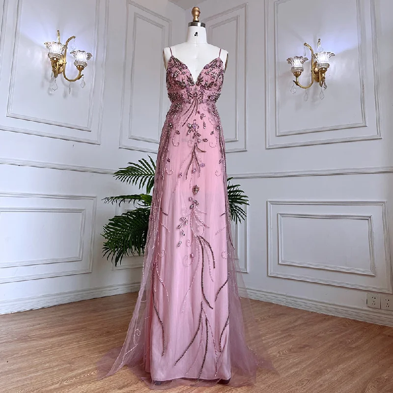 Serene Hill Arabic Pink Mermaid Sexy Spaghetti Straps Beaded Long Evening Dresses Gowns 2024 For Women Wedding Party LA71963