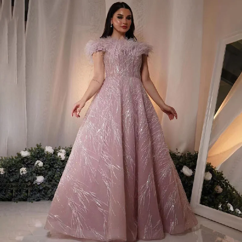 Serene Hill Arabic Pink A-Line Sexy Bot Neck Feather Beaded Luxury Evening Dresses Gowns 2024 For Women Wedding Party LA71726 Serene Hill Arabic Pink A-Line Sexy Bot Neck Feather Beaded Luxury Evening Dresses Gowns 2024 For Women Wedding Party LA71726
