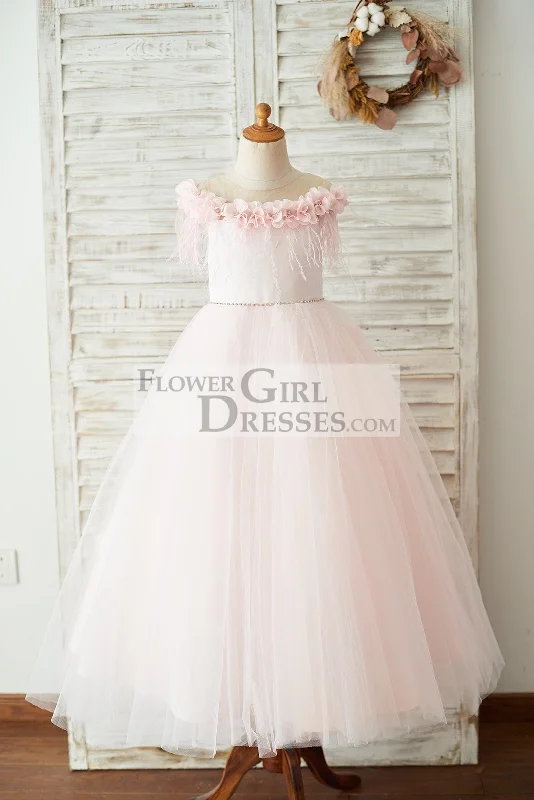 Off Shoulder Pink Tulle Feathers V Back Wedding Party Flower Girl Dress