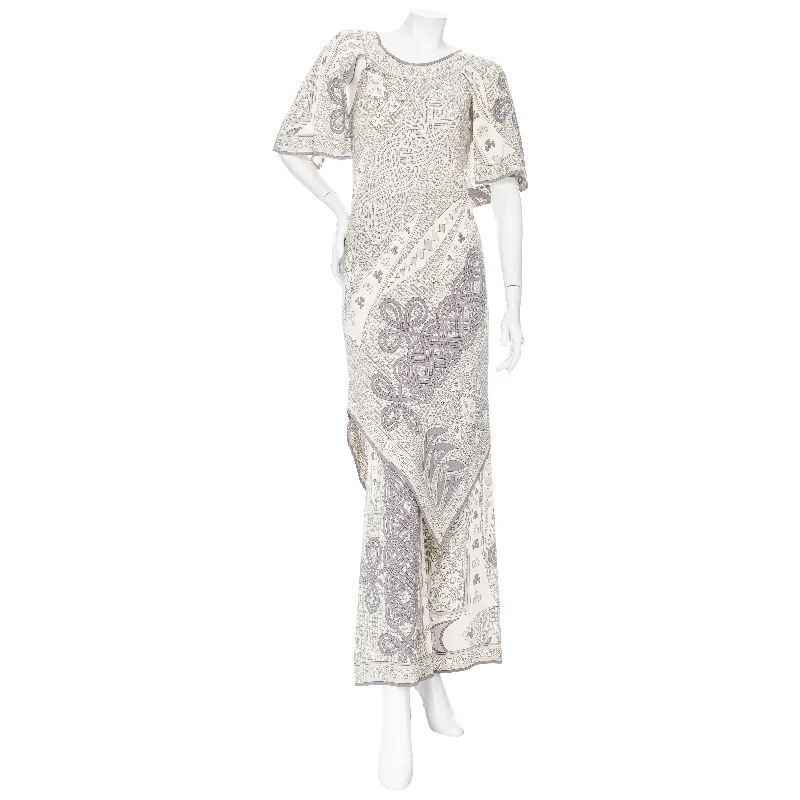 1960s Gray and White Silk Printed Two-Piece Dress and Pants Set Trendy Trousers,
