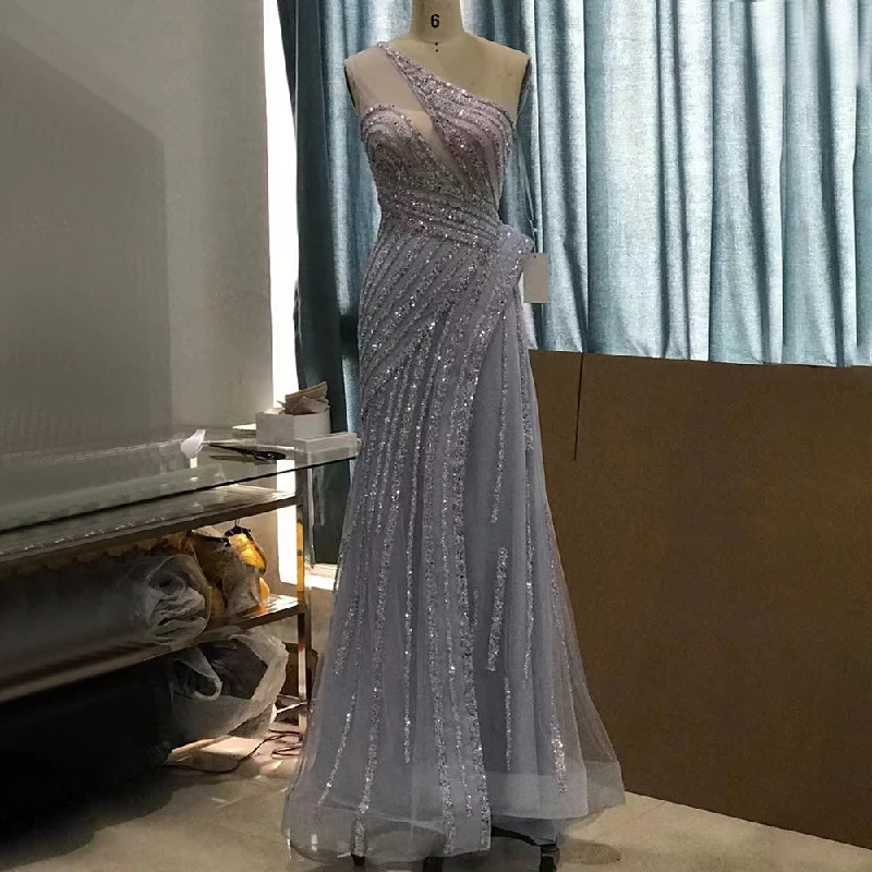 Serene Hill Lilac One-Shoulder Luxury Evening Dresses Gowns 2024 Mermaid Elegant Beaded For Women Party LA71442
