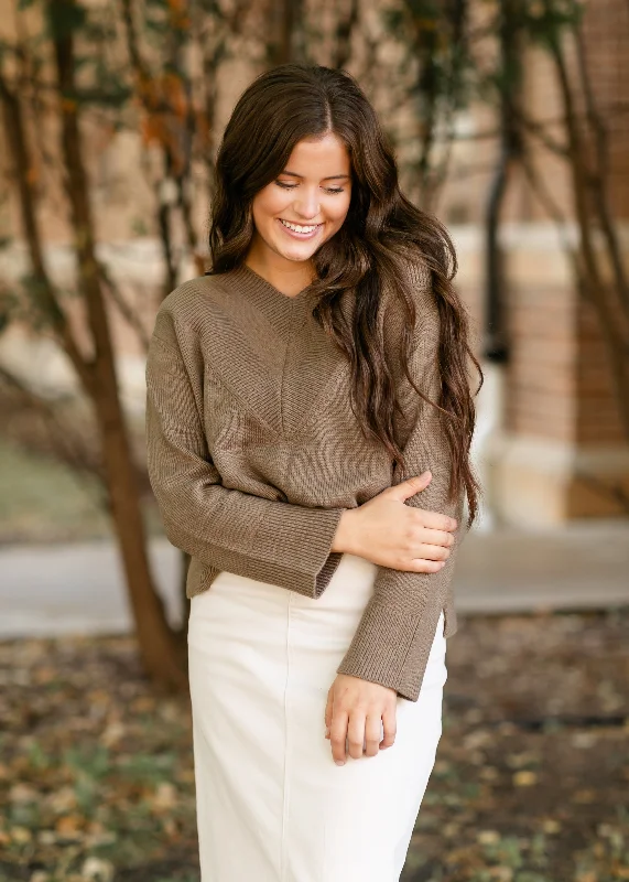V-neck Light Brown Long Sleeve Sweater Elasticated Padded Insulated