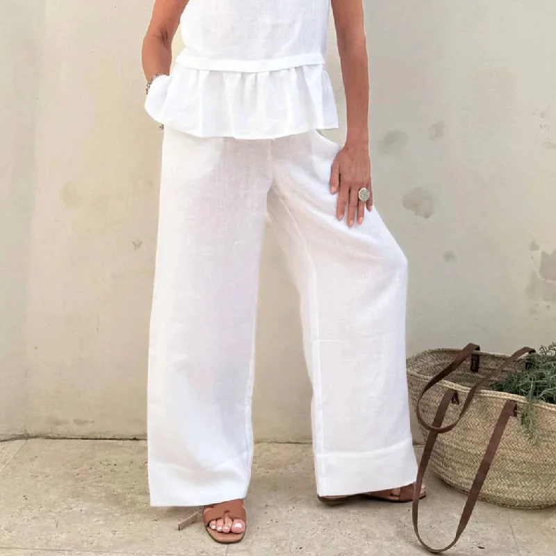 Bypias | Mallorca Linen Pant | White Wide-Leg Crop,