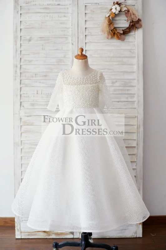 Elbow Sleeves Beaded Neoprene Tulle Wedding Flower Girl Dress, Bow