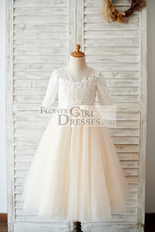 Short Elbow Sleeves Ivory Lace Champagne Tulle Wedding Flower Girl Dress