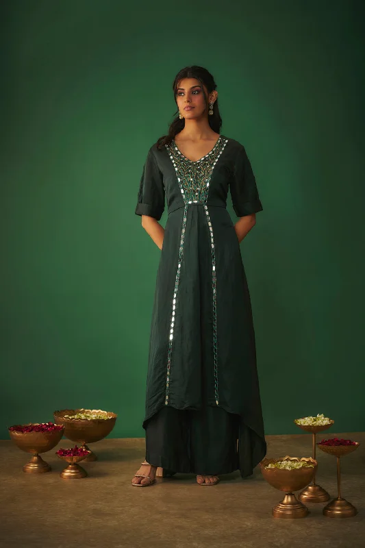 Emerald Green Mirror Work Embroidered Kurta Pant Set Denim Comfort,