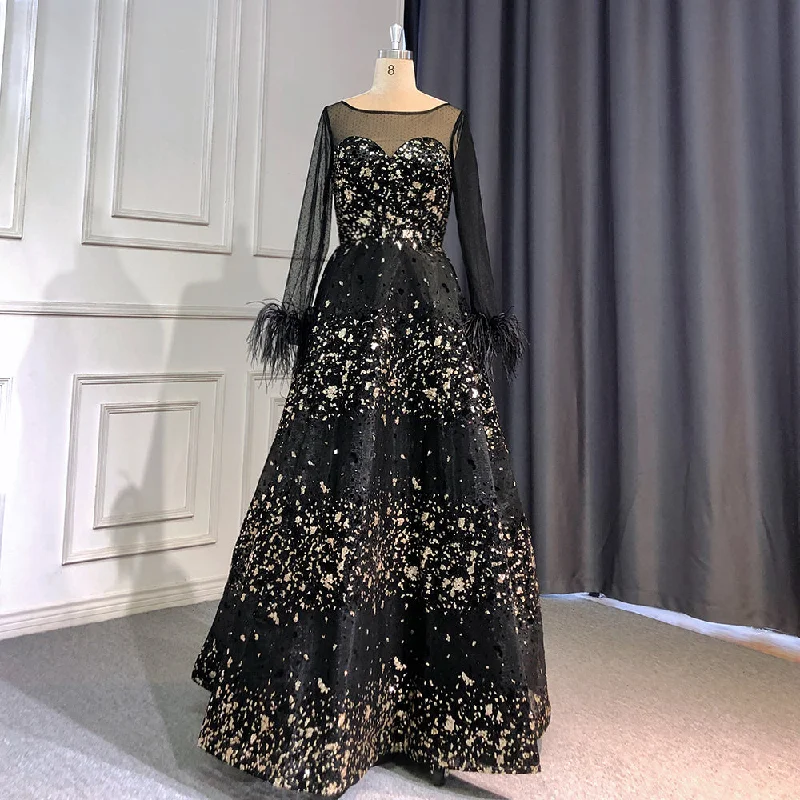 On Sale  no return no refund Serene Hill Black A-Line Sexy Evening Dresses Gowns 2024 O-Neck Long Sleeves Feather Luxury For Women Wedding Party LA71480L