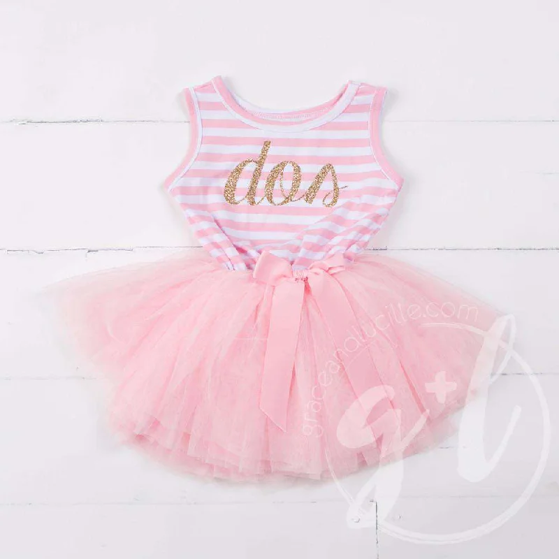 2nd Birthday Dress Gold Script Spanish "DOS"  Pink Striped LONG Sleeve
