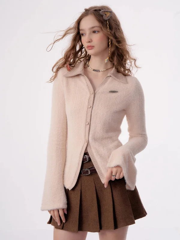 Polo Collar Furry Long-sleeved Cardigan ZIZ0020 Patchwork Embroidered Appliqued