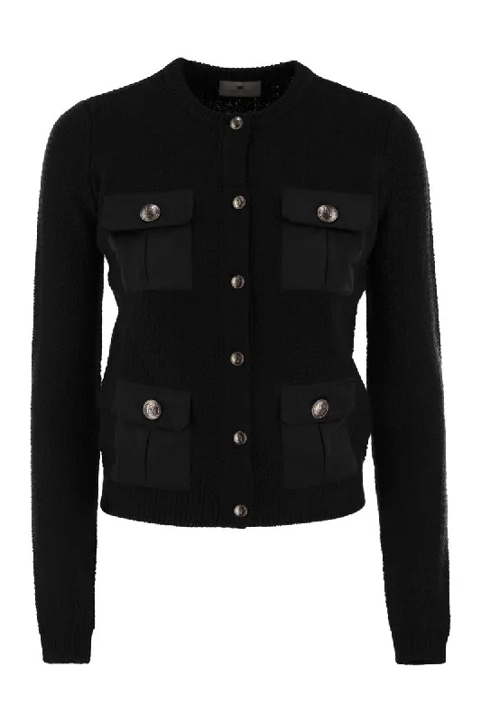 Bouclé wool cardigan with technical sail cloth pockets Boat Neck Shawl Collar Notched Collar