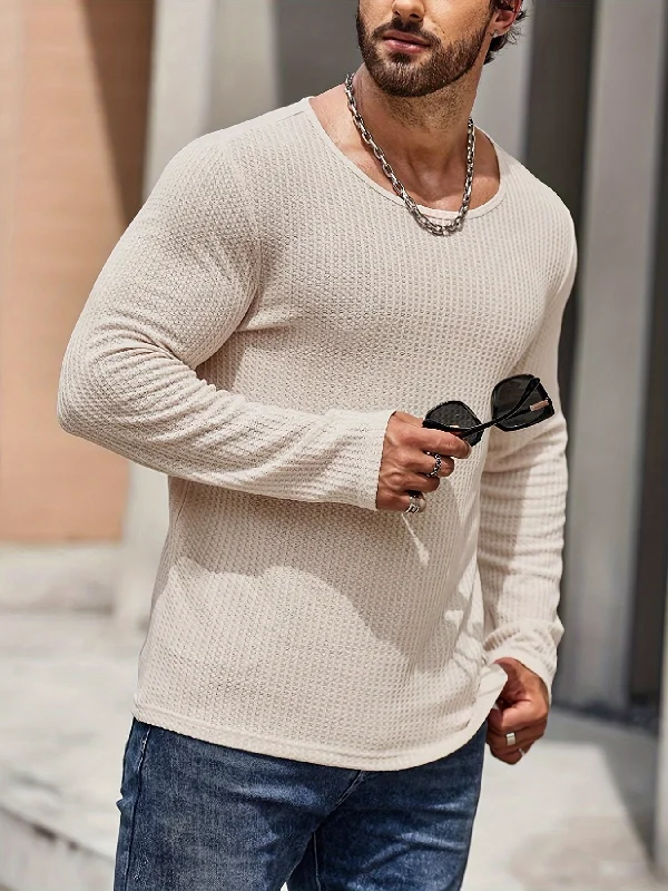Men's Solid Color Knit Textured Sweater, Long Sleeve Crew Neck Retro Style Pullover Top As Gift Fleece Fabric Down Fabric Feather Fabric