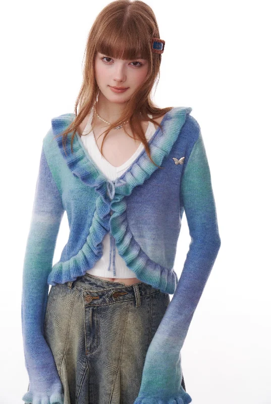 Gradient Contrast Color Ruffled Trumpet Sleeve Knitted Cardigan ZIZ0183 Anti-Pilling Anti-Shrink Durable