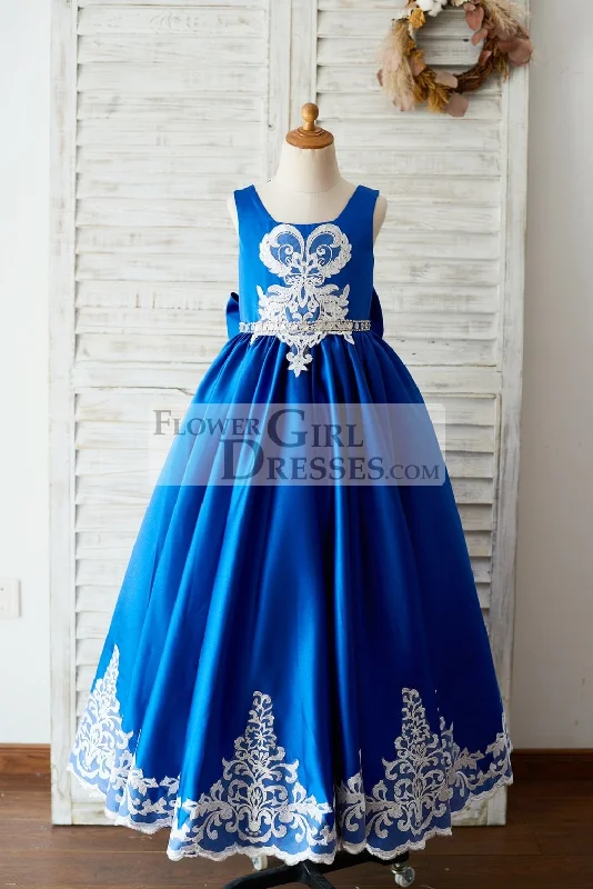 Royal Blue Satin Square Neck Wedding Party Flower Girl Dress, Lace Trim