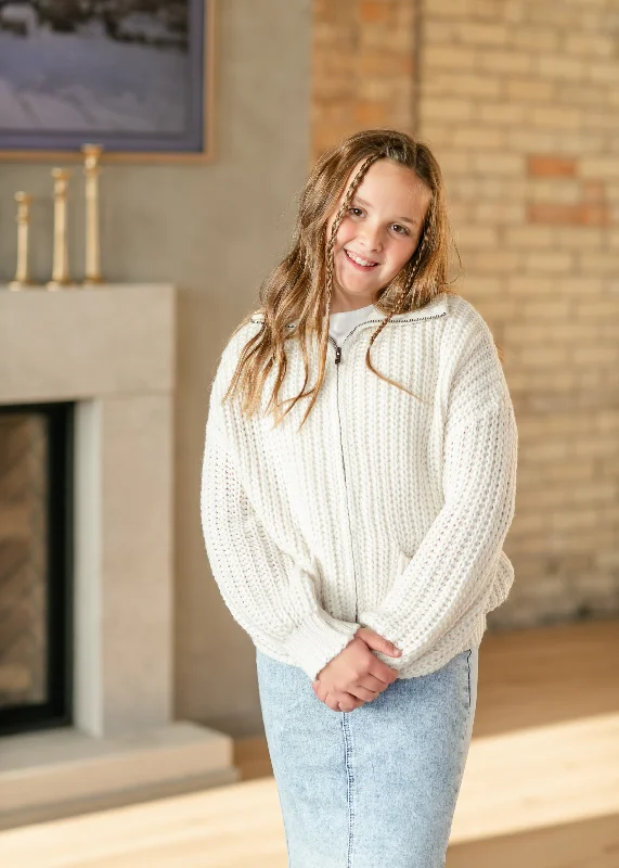 Girl's Zip-up Cream Knit Sweater Chenille Brocade Lace