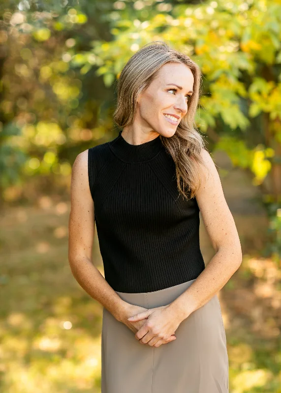 Sleeveless Black Knit Sweater Toggled Drawstring Belted
