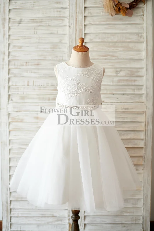 Princess V Back Ivory Lace Tulle Wedding Flower Girl Dress, Big Bow